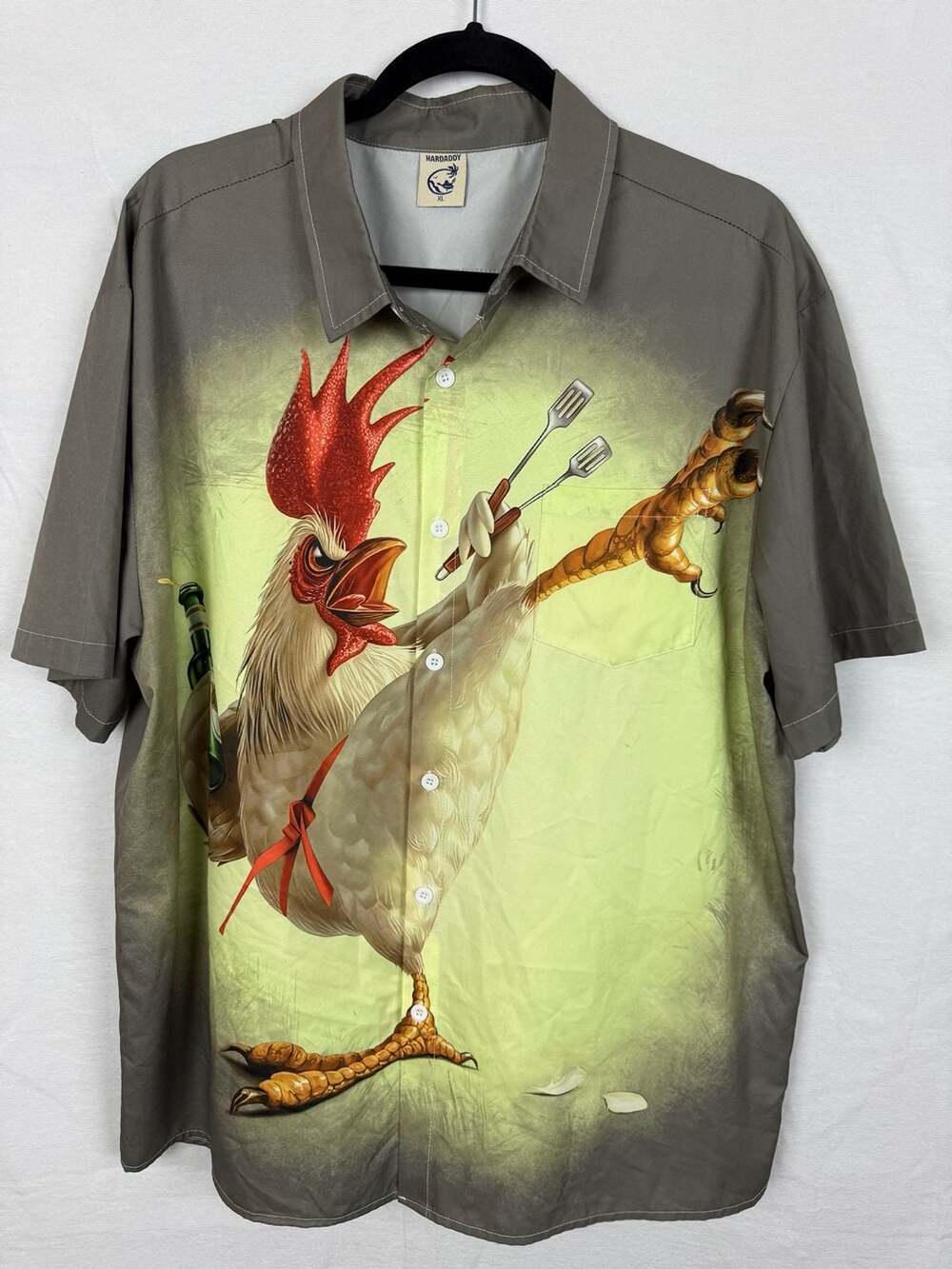 Hardaddy Gongfu Rooster Short Sleeve Button Down Shirt Size XL Gray